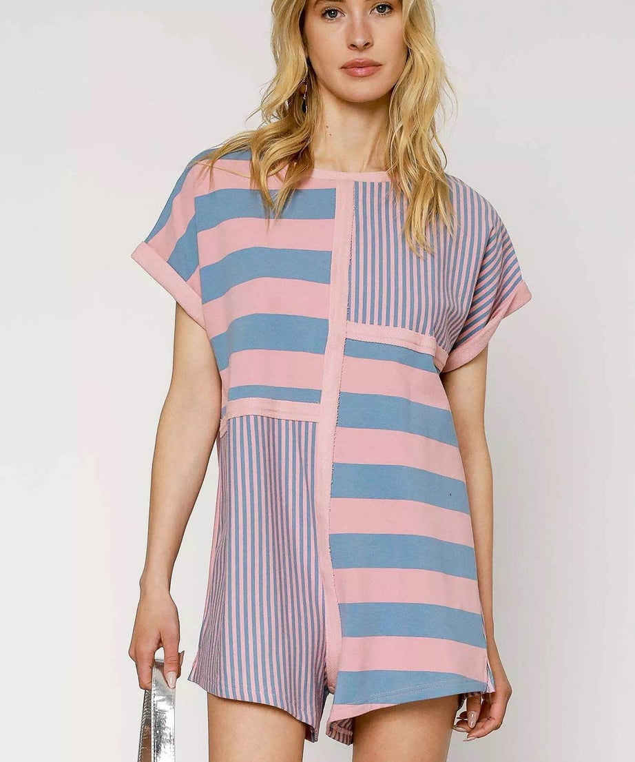 Umgee Mixed Striped Short Sleeve Romper - ELY VESSA LLC