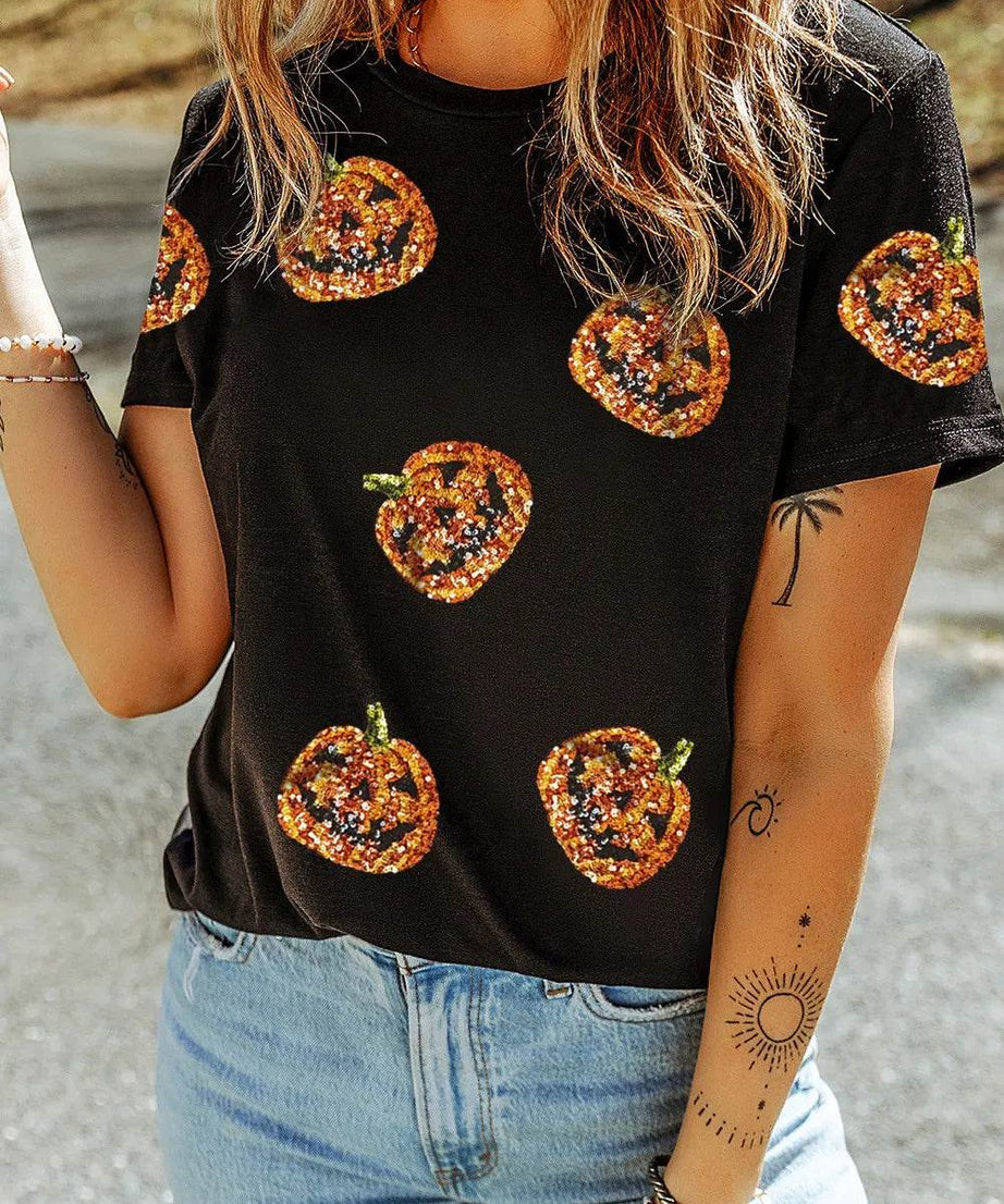 Sequin Pumpkin Round Neck Short Sleeve T-Shirt - ELY VESSA LLC