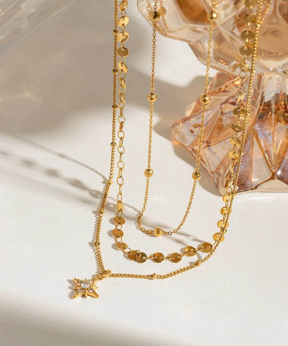18K Gold-Plated Layered Star Pendant Necklace - ELY VESSA LLC