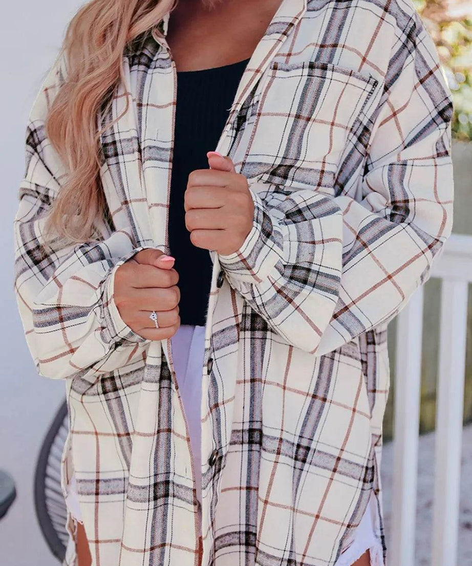 Plaid Button Up Long Sleeve Shacket - ELY VESSA LLC