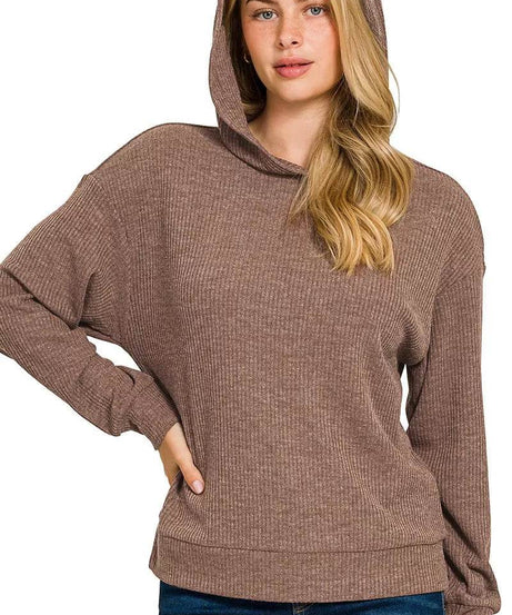 Zenana Ribbed Long Sleeve Hoodie - ELY VESSA LLC