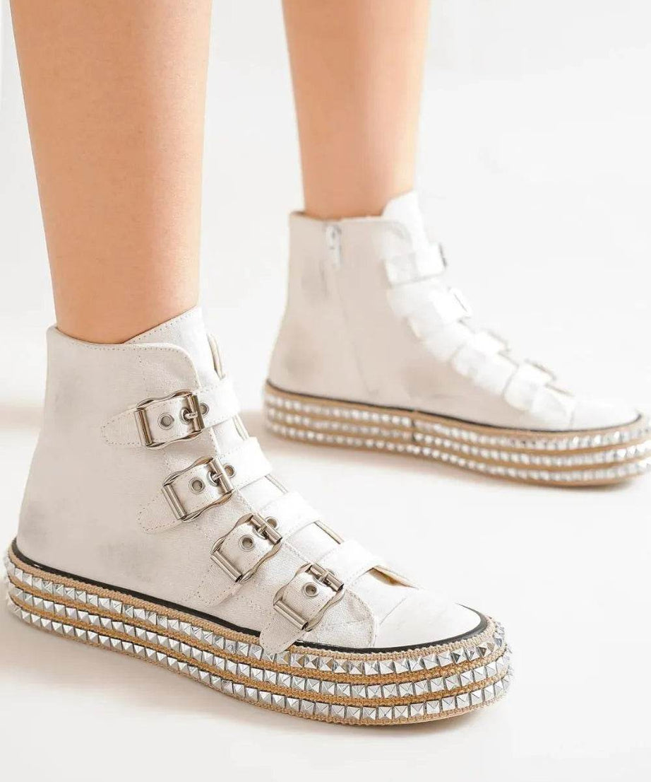 Beast Fashion Multi-Buckle Straps Studded Platform Sneakers - ELY VESSA LLC