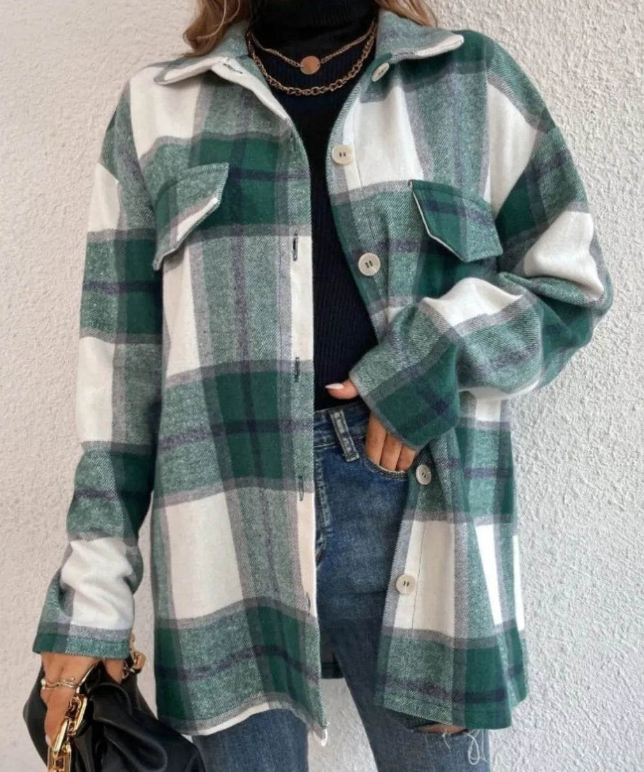 Plaid Collared Neck Dropped Shoulder Shacket - ELY VESSA LLC