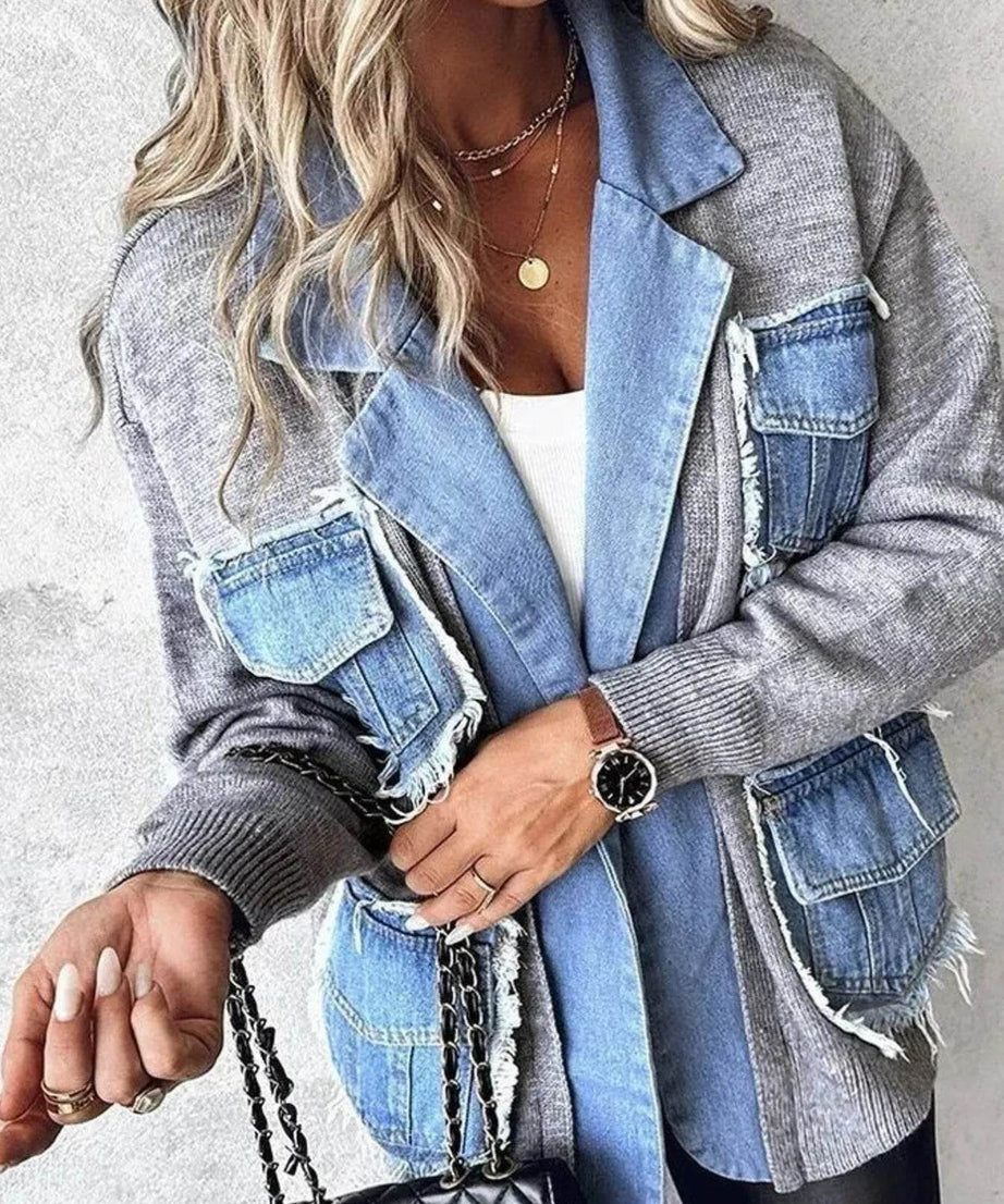Raw Hem Denim Pocket Patchwork Cardigan - ELY VESSA LLC