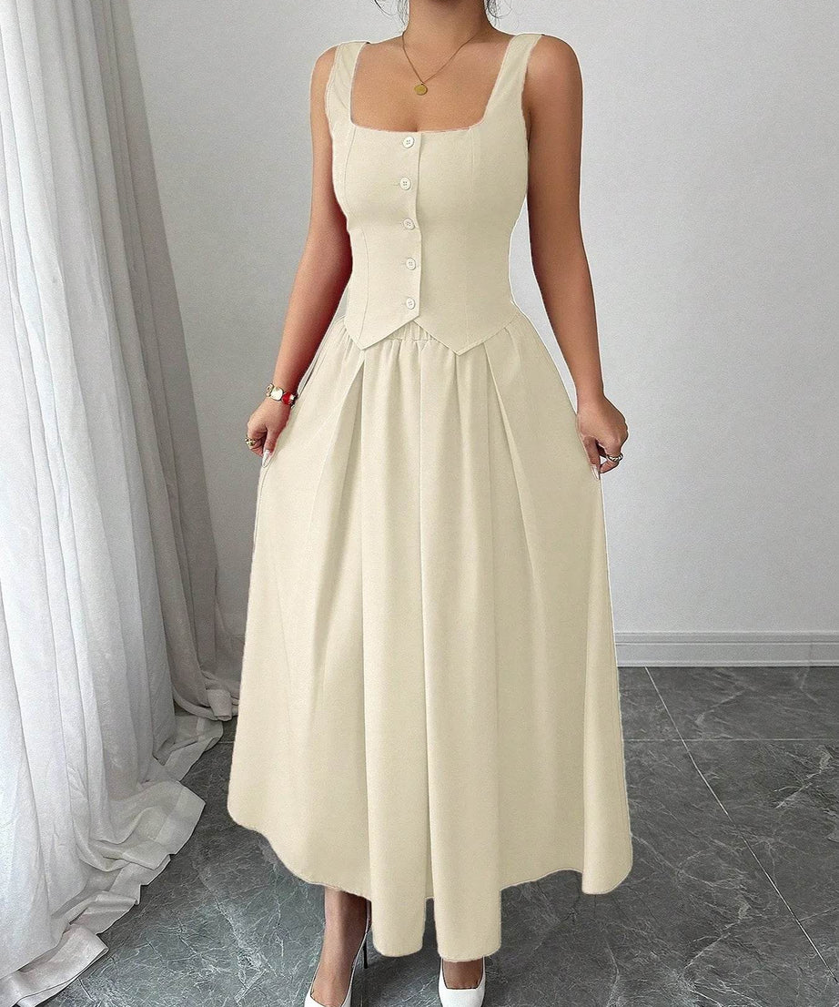 Square Neck Wide Strap Midi Dress - ELY VESSA LLC