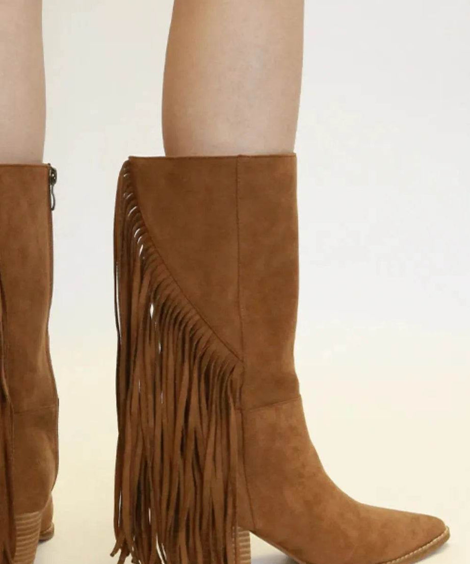 Beast Fashion Suede Fringe Point Toe Boots - ELY VESSA LLC