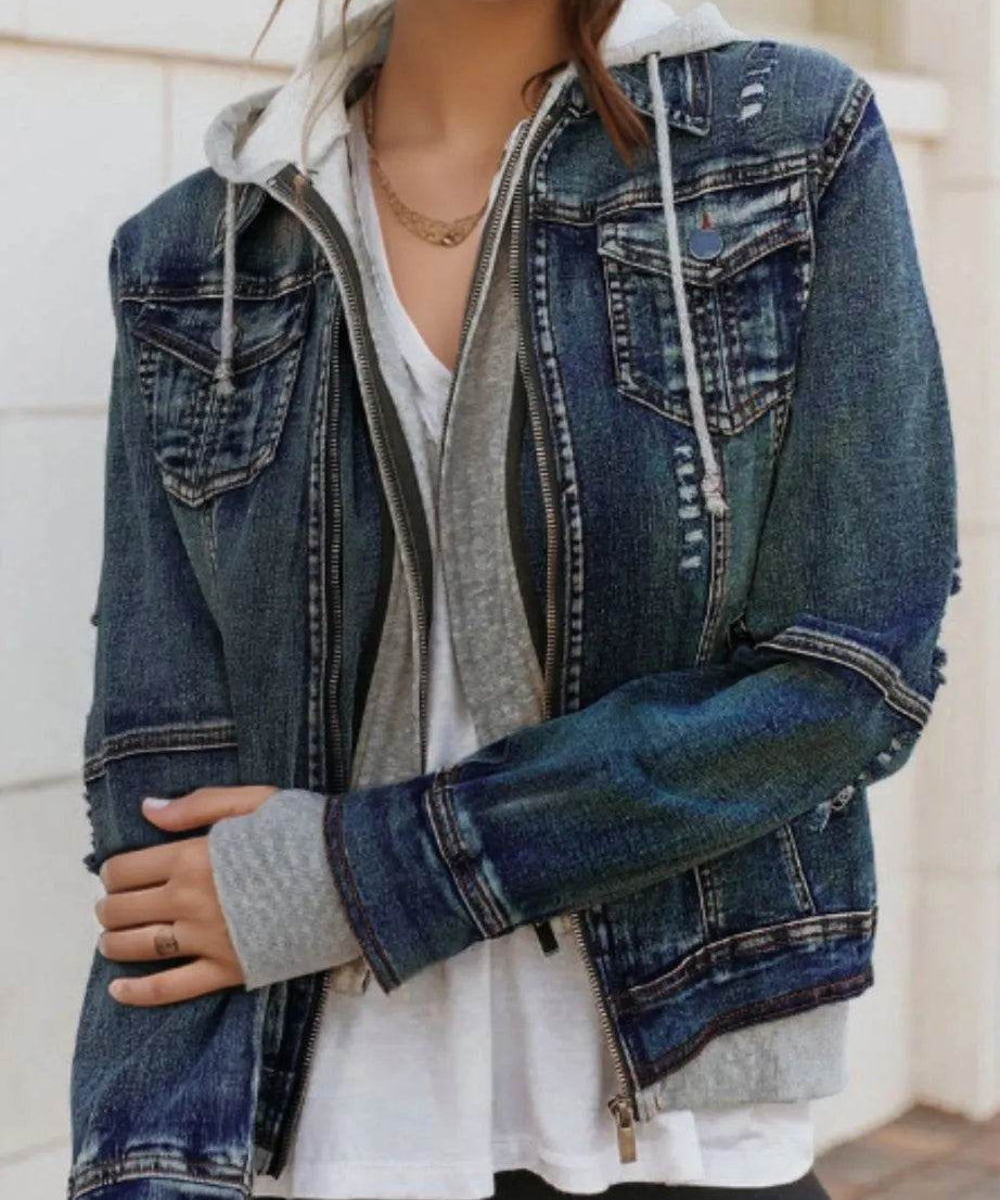 Fake Two-Piece Hooded Zip-Up Denim Jacket - ELY VESSA LLC