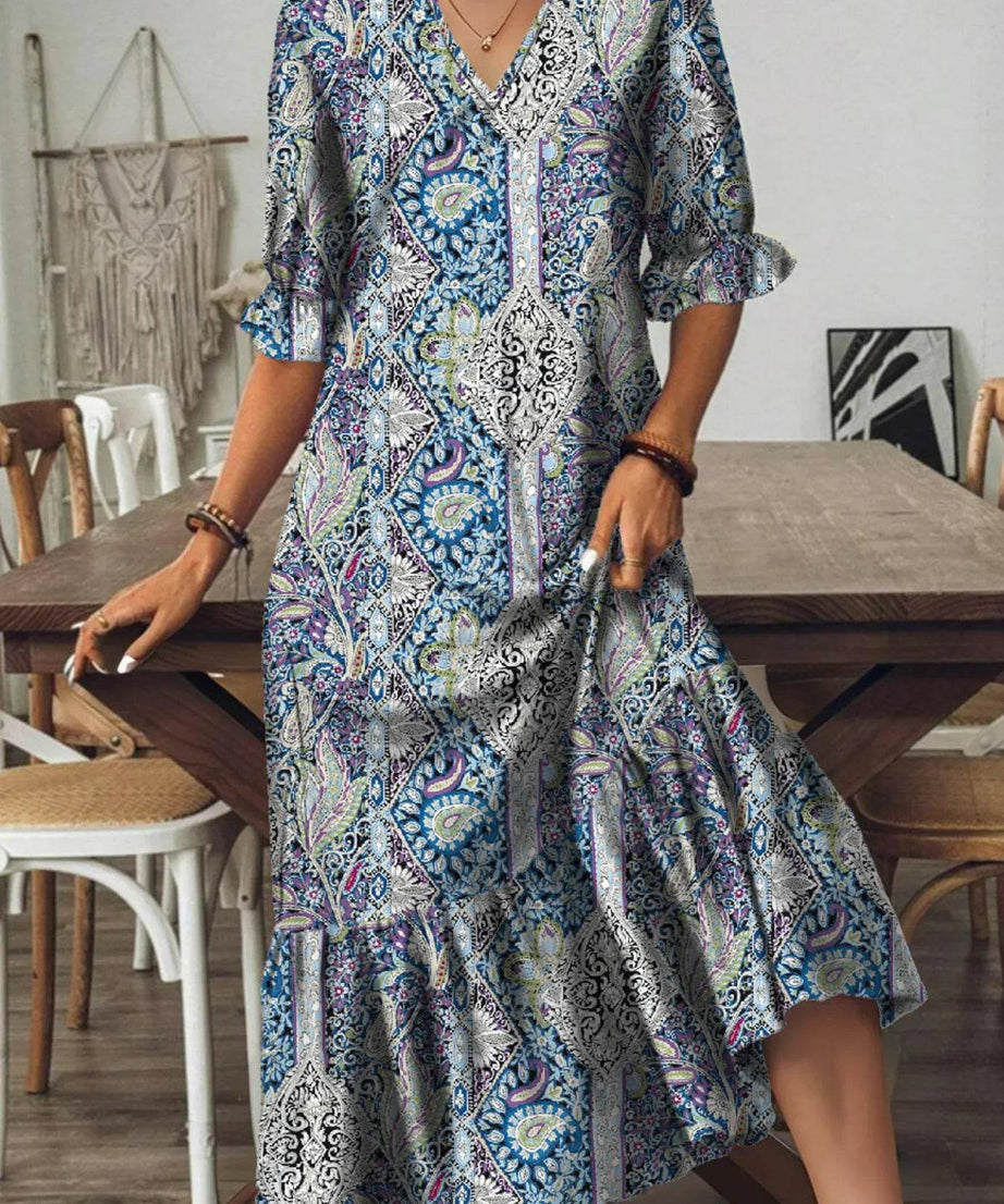 Full Size Bohemian Paisley Print V-Neck Midi Dress Plus Size - ELY VESSA LLC