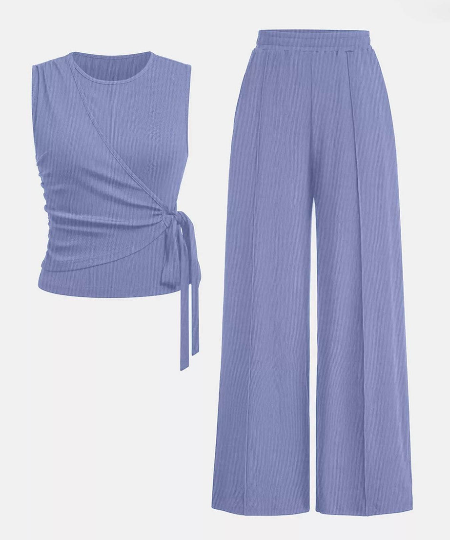 Side Tie Round Neck Tank and Pants Set - ELY VESSA LLC