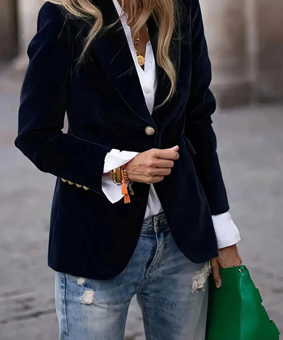 One Button Lapel Collar Long Sleeve Blazer - ELY VESSA LLC