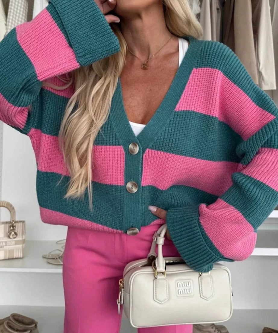 Color Block Striped V-Neck Button Front Cardigan - ELY VESSA LLC