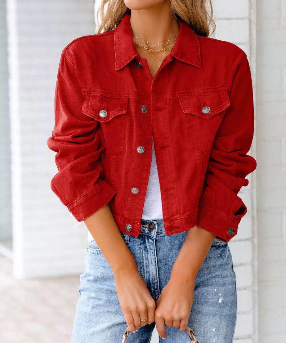 Button Up Long Sleeve Denim Jacket - ELY VESSA LLC