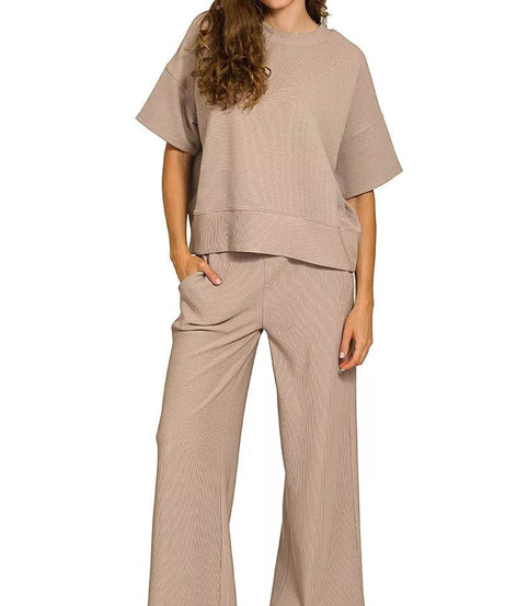 Zenana Ribbed Round Neck Tee & Pants Set - ELY VESSA LLC