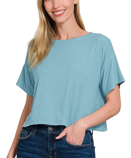 Zenana Ribbed Round-Neck Crop T-Shirt - ELY VESSA LLC