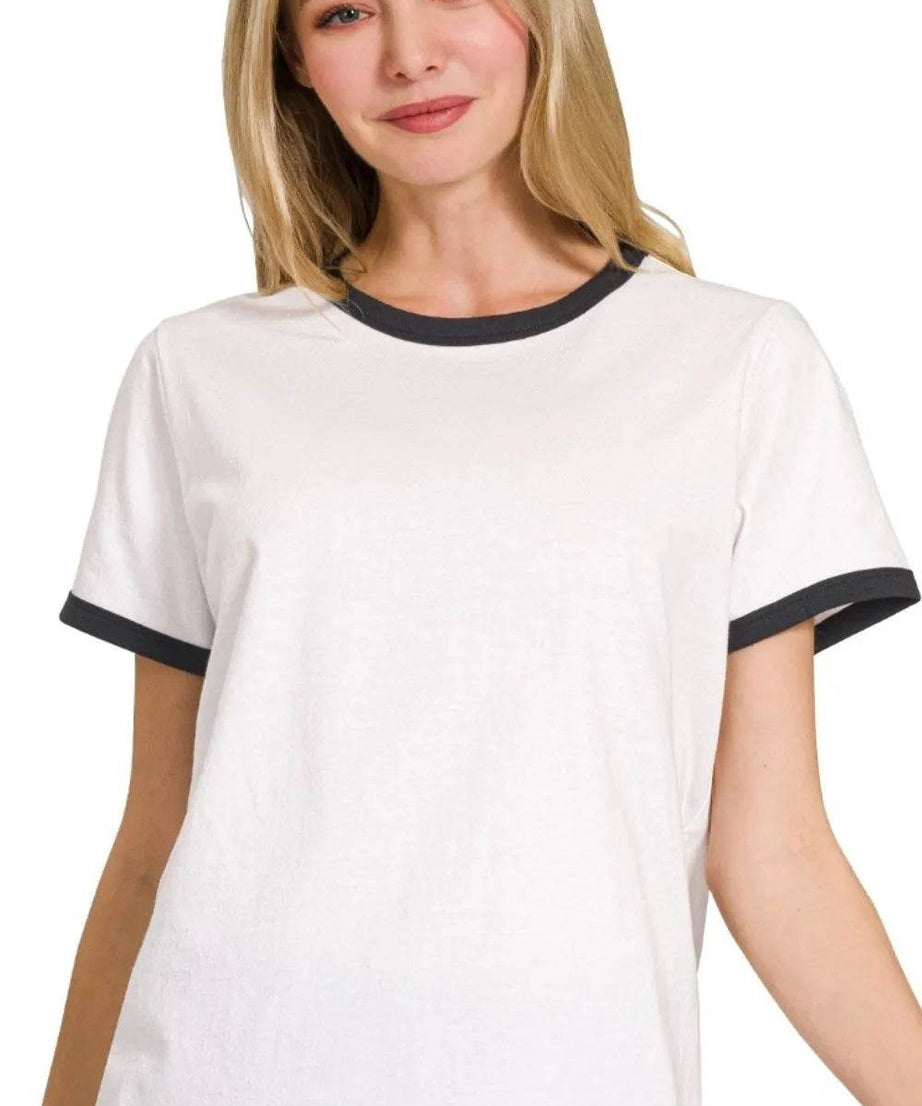 Zenana Contrast Binding Short Sleeve Tee Shirts - ELY VESSA LLC