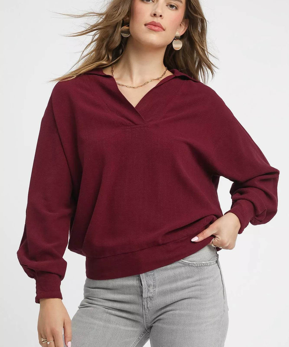 Umgee Linen Long Sleeves Elastic Hem Blouse - ELY VESSA LLC