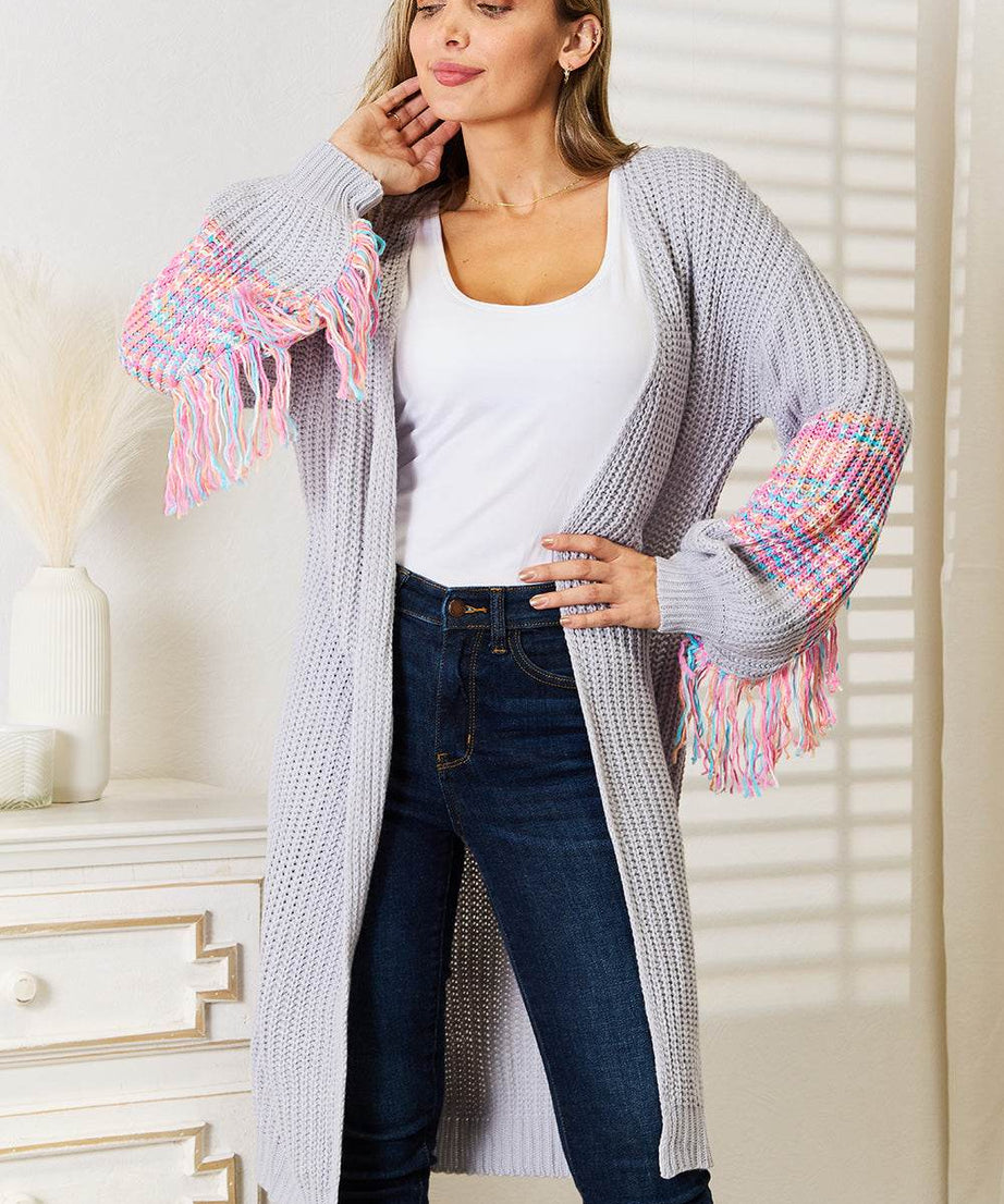 Woven Right Fringe Sleeve Dropped Shoulder Cardigan - ELY VESSA LLC