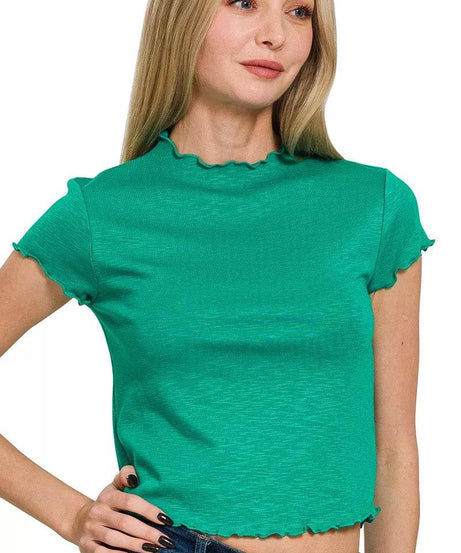 Zenana Cotton Modal Slub Lettuce Trimmed Cropped T-Shirt - ELY VESSA LLC