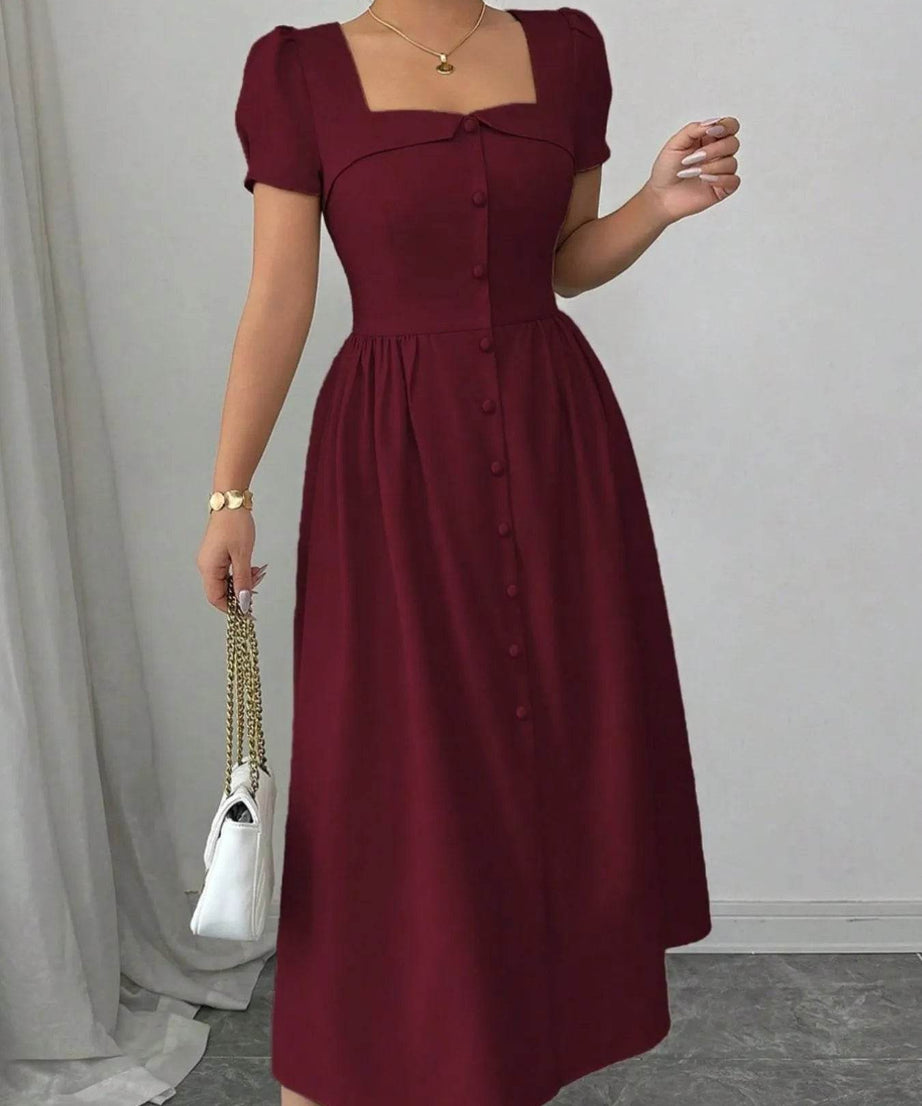 Square Neck Puff Sleeve Midi Dress - ELY VESSA LLC
