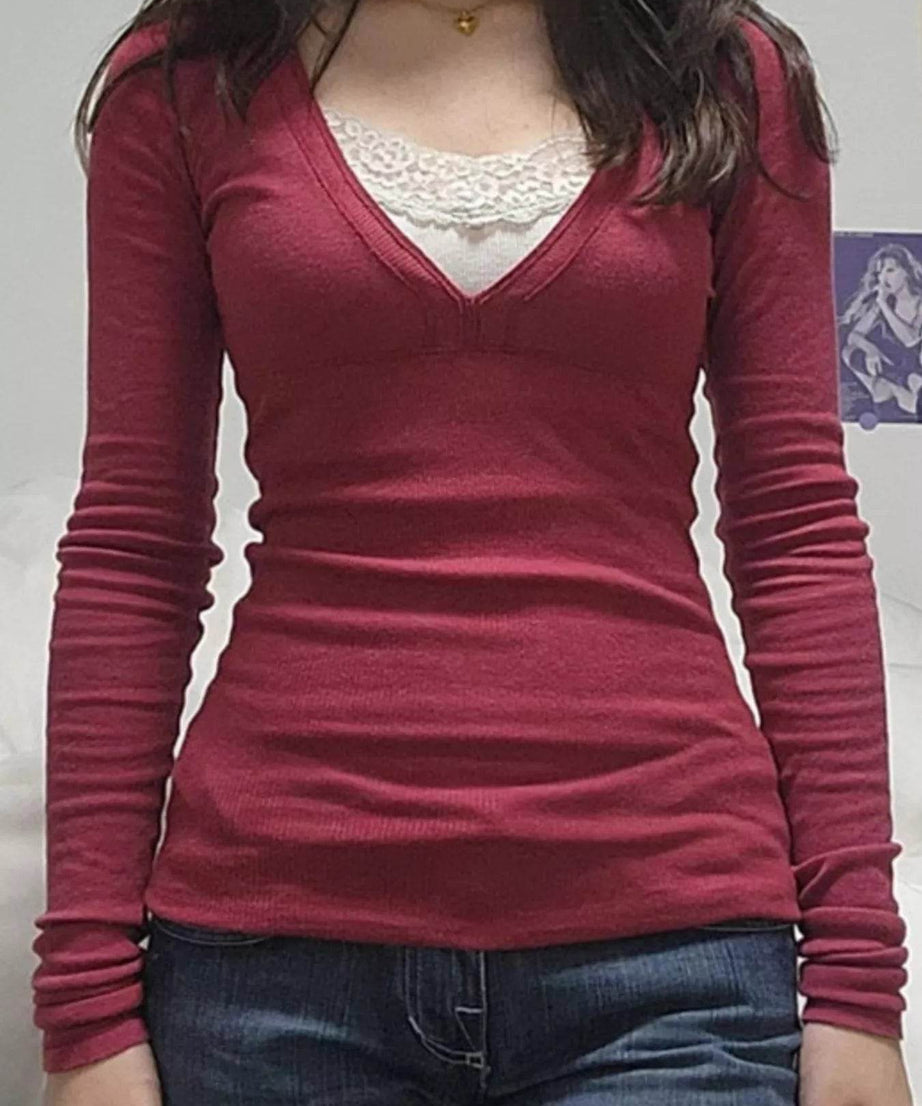 Lace Detail Long Sleeve T-Shirt - ELY VESSA LLC