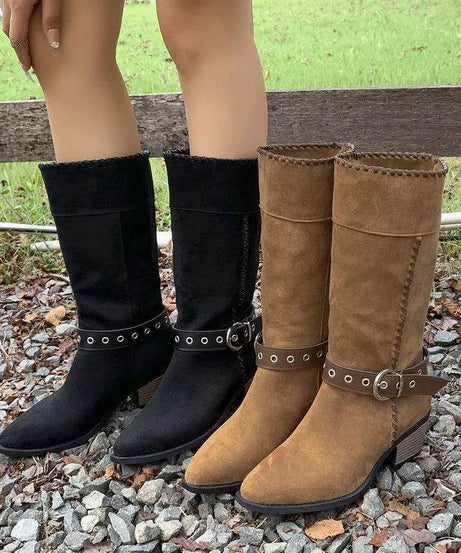 Point Toe Block Heels Boots - ELY VESSA LLC