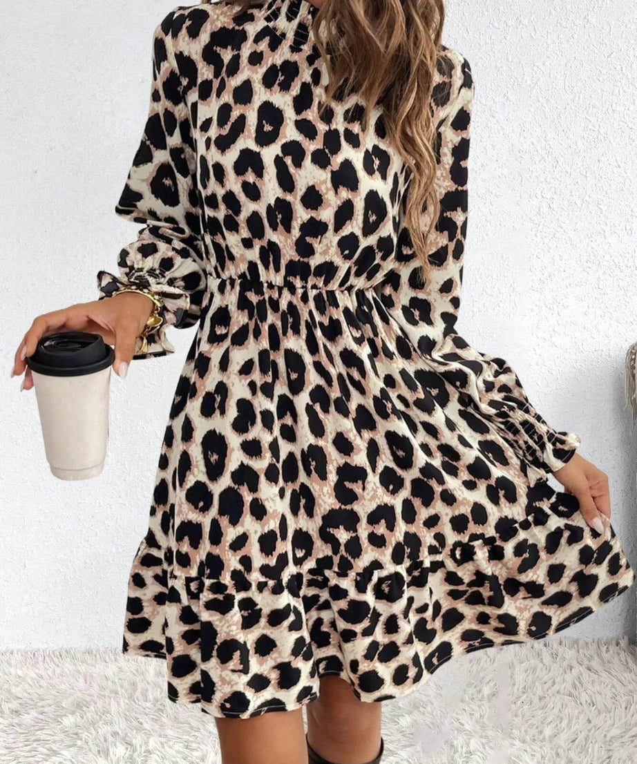 Leopard Print Long Sleeve Mini Dress - ELY VESSA LLC