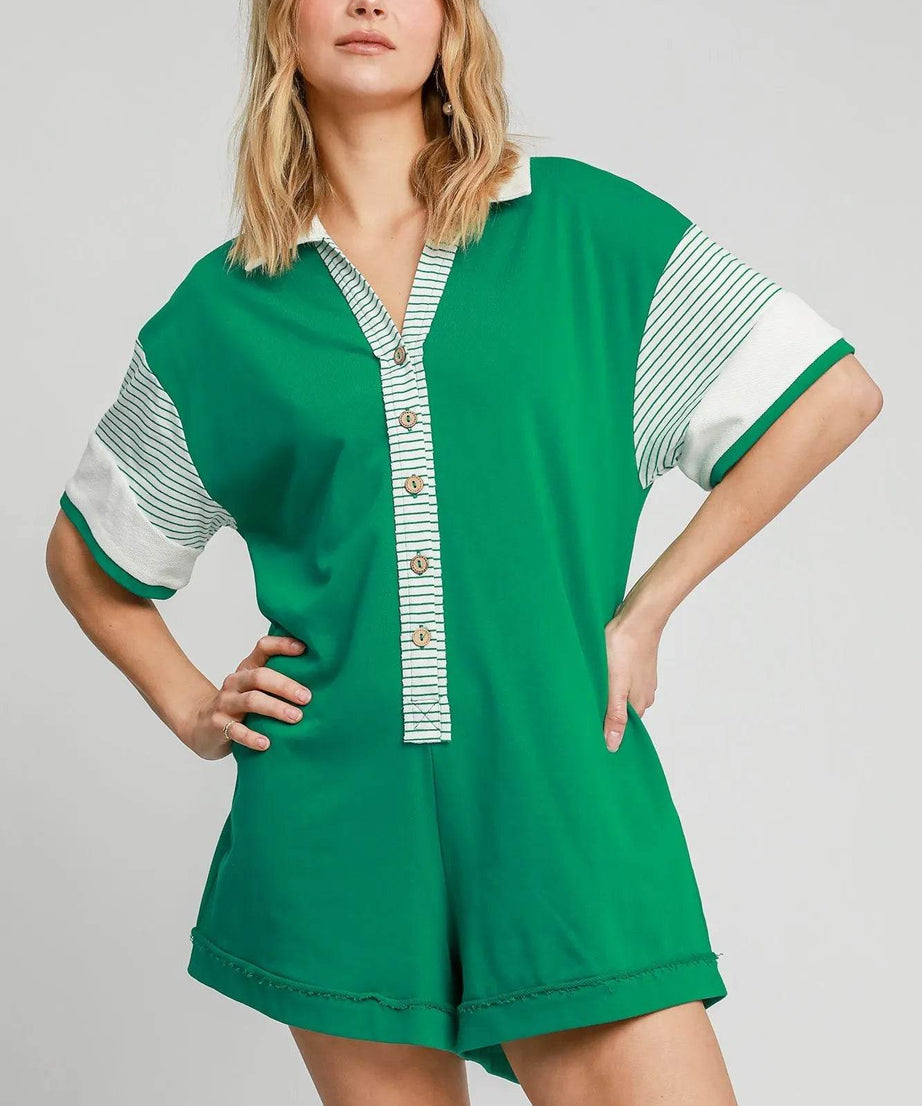 Umgee French Terry Collared Colorblock Romper - ELY VESSA LLC
