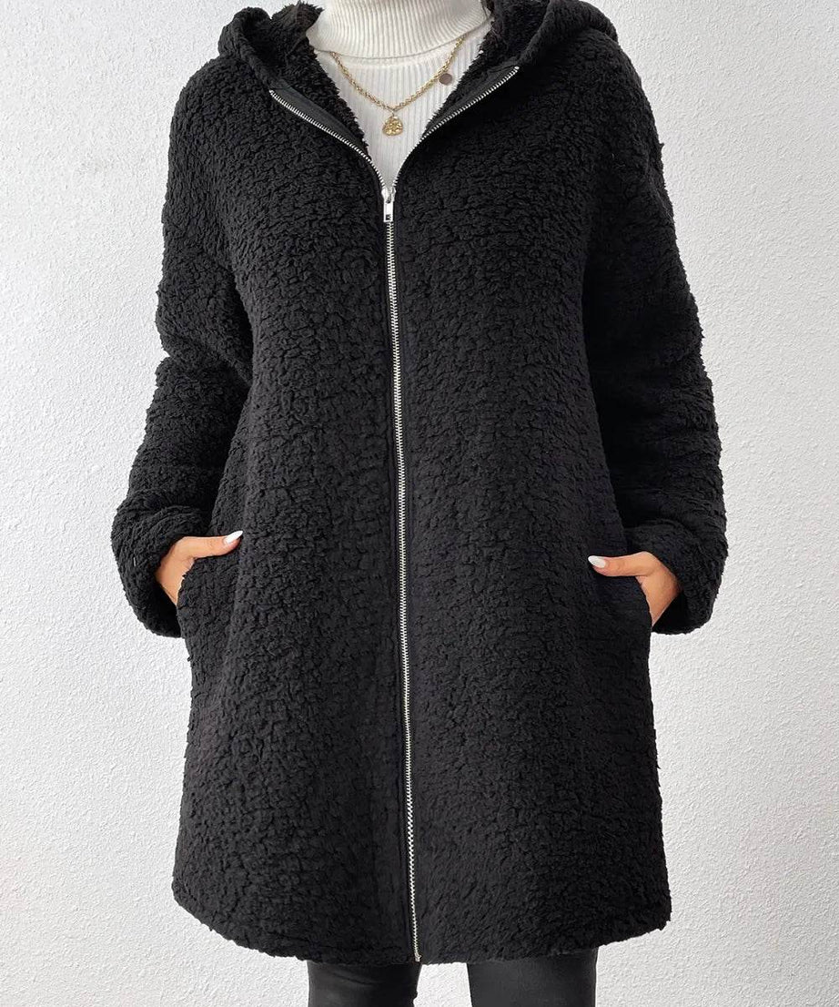 Zip Up Long Sleeve Sherpa Hooded Coat - ELY VESSA LLC