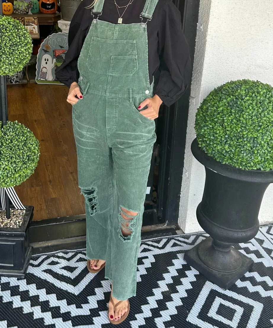Distressed Wide Leg Corduroy Overalls - ELY VESSA LLC