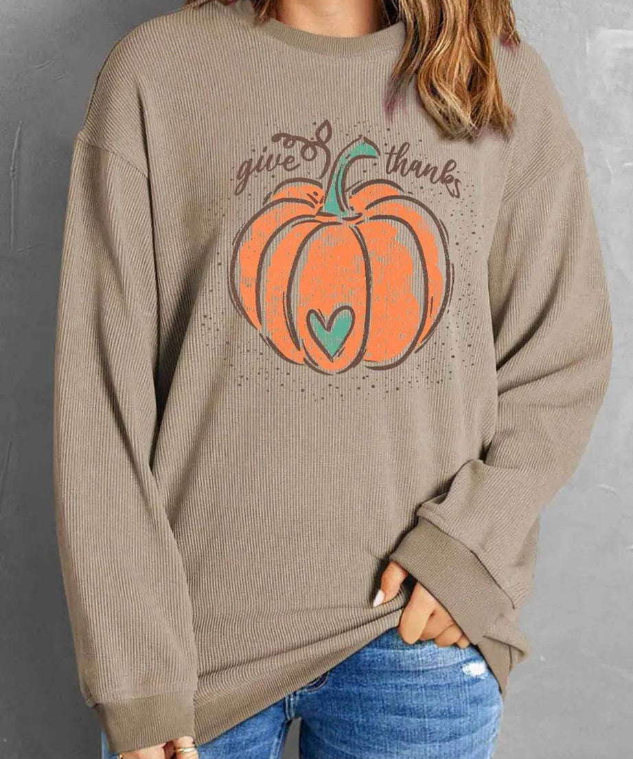 Pumpkin Graphic Round Neck Long Sleeve Sweatshirt - ELY VESSA LLC