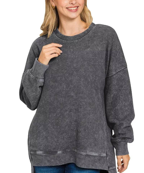 Zenana Full Size Acid Washed Double Ribbed Hi-low Sweatshirt Plus Size - ELY VESSA LLC