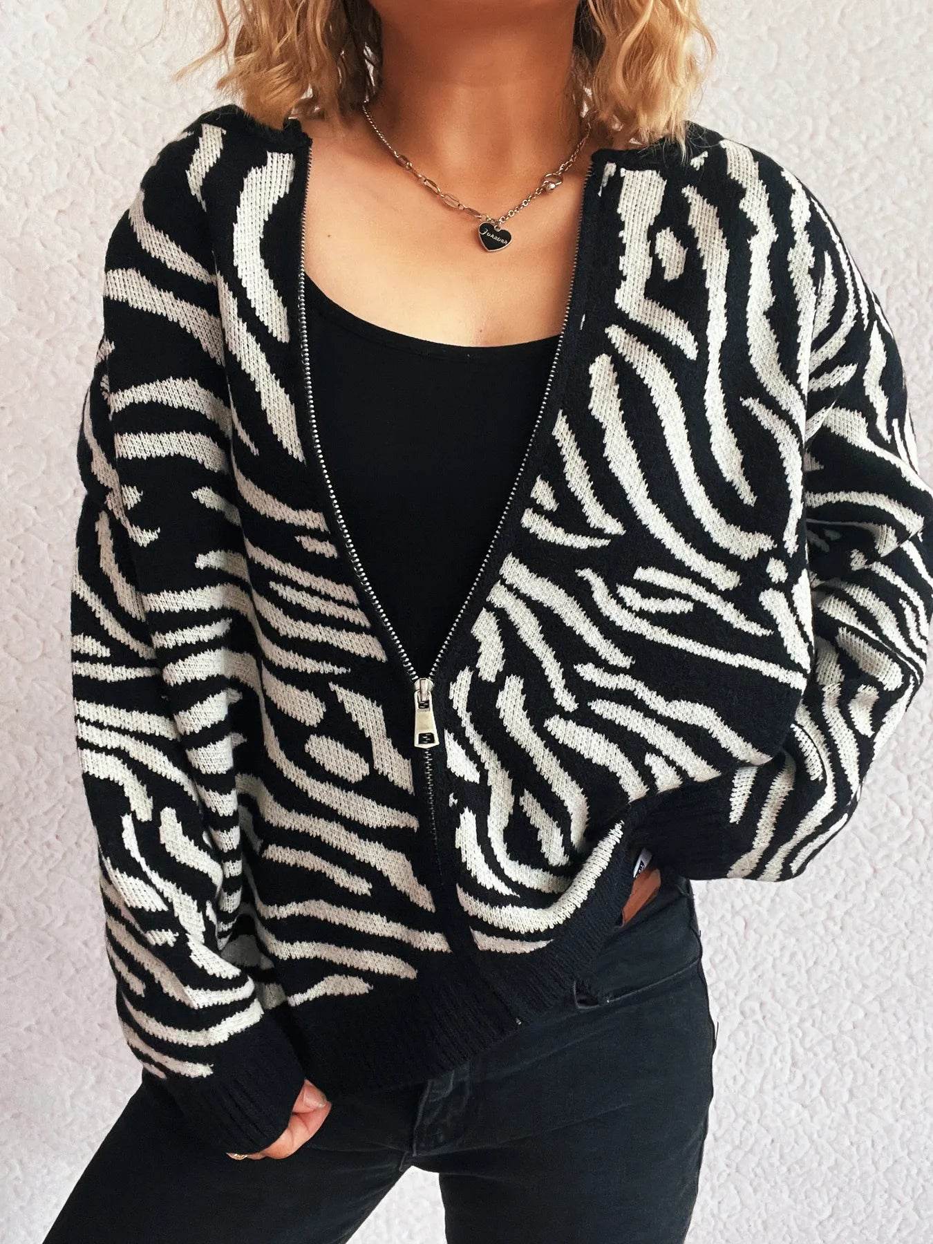 Zebra Print Zip Up Cardigan - ELY VESSA LLC