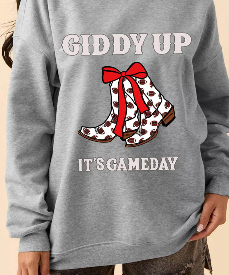 GIDDY UP ITS GAME DAY Cowgirl Boots Graphic Sweatshirt - ELY VESSA LLC