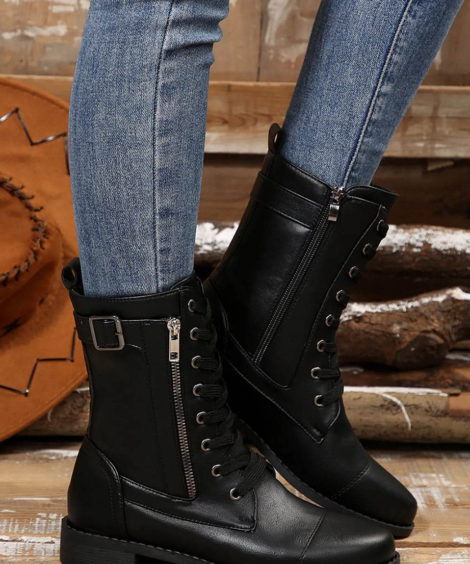 Lace Up Round Toe Boots - ELY VESSA LLC