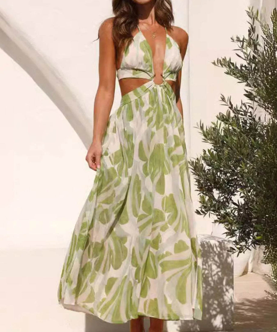 Tropical Print Backless Maxi Sleeveless Dress - ELY VESSA LLC
