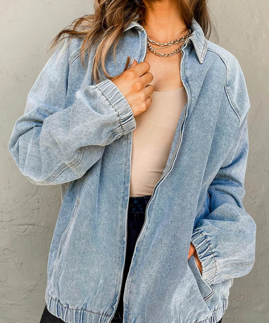 Elastic Edge Collared Zip Up Denim Jacket With Pocket - ELY VESSA LLC