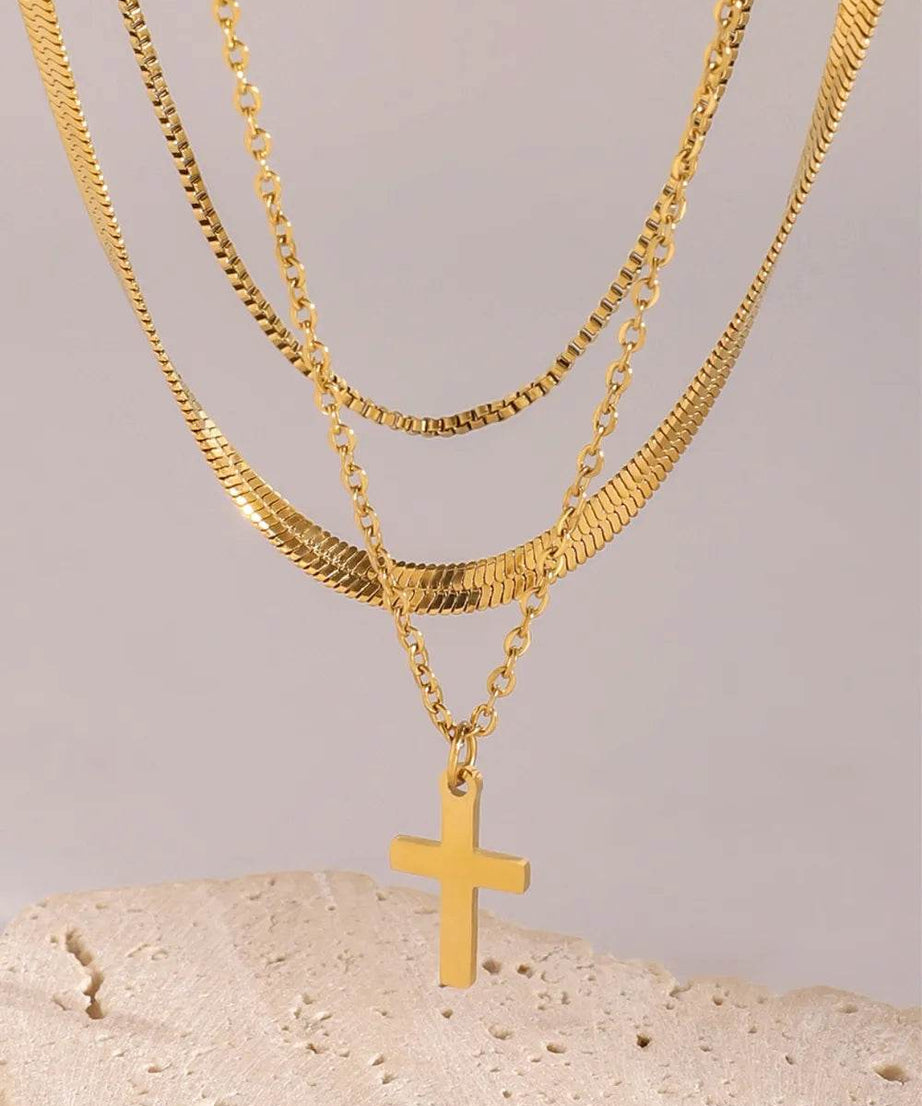 18K Gold-Plated Three-Layered Cross Necklace - ELY VESSA LLC