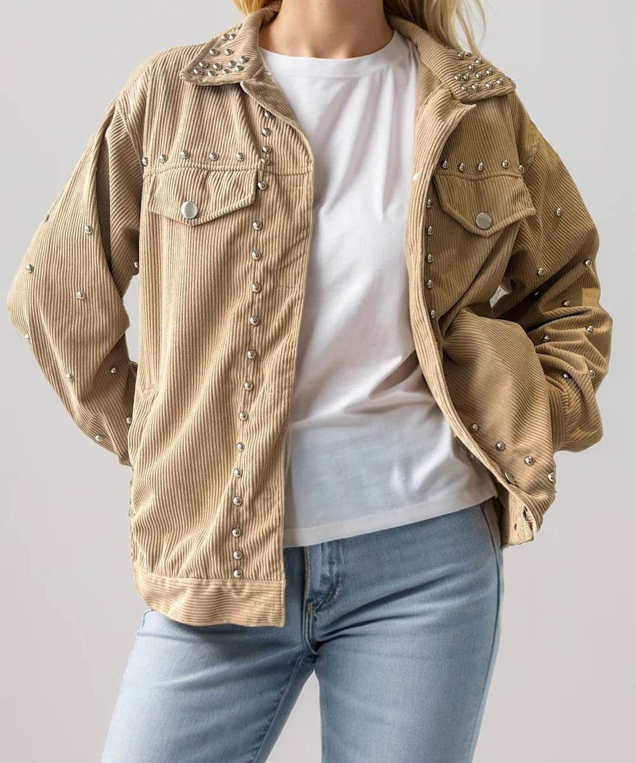 Studded Collared Neck Button Up Jacket - ELY VESSA LLC