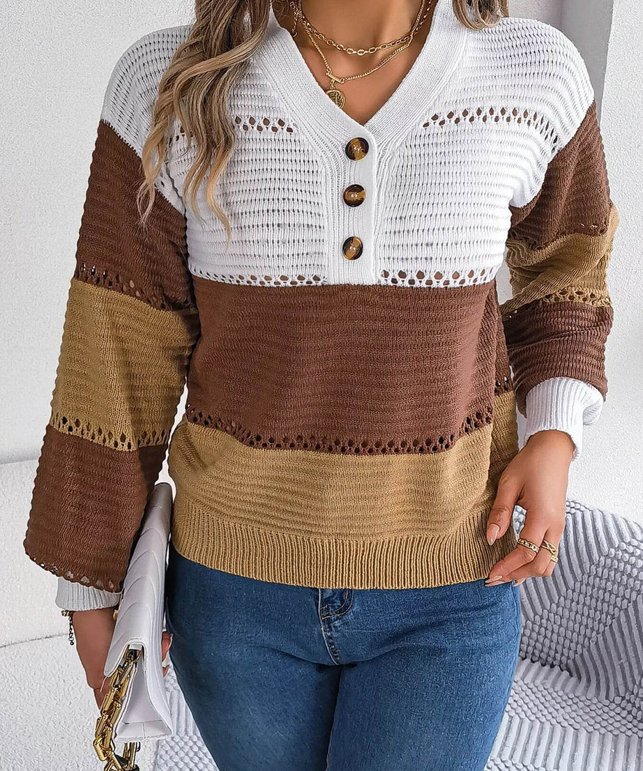 Color Block Striped V-Neck Button Detail Sweater - ELY VESSA LLC