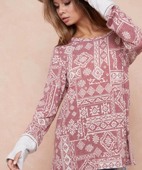 BiBi Aztec Print French Terry Top with Thumb Opening - ELY VESSA LLC