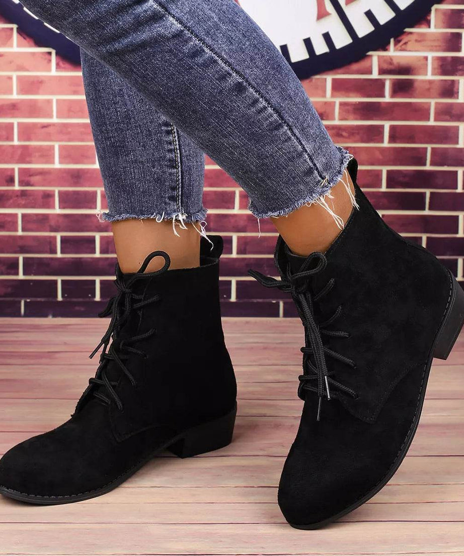 Lace Up Block Heels Boots - ELY VESSA LLC
