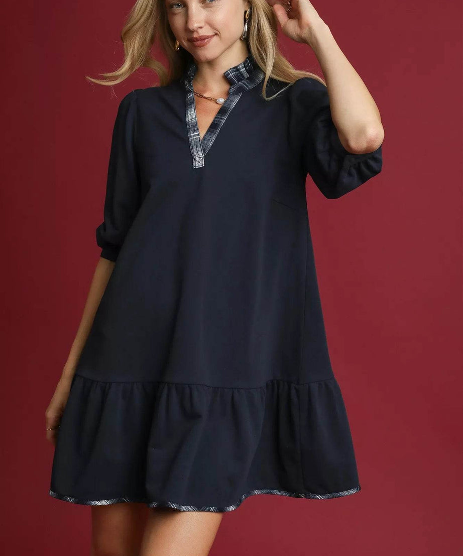 Umgee French Terry Ruffle Hem Dress with Plaid Trim - ELY VESSA LLC