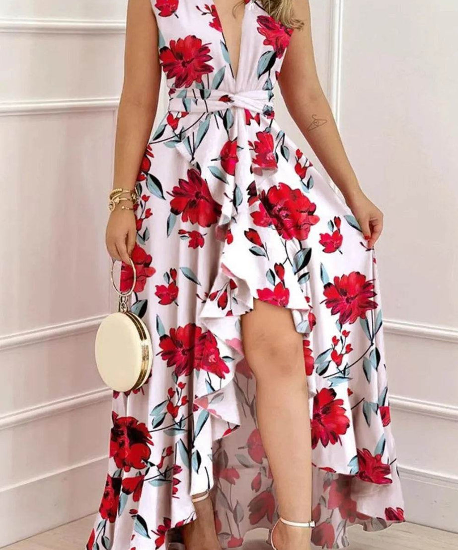 Ruffled Plunge Sleeveless Maxi Dress - ELY VESSA LLC