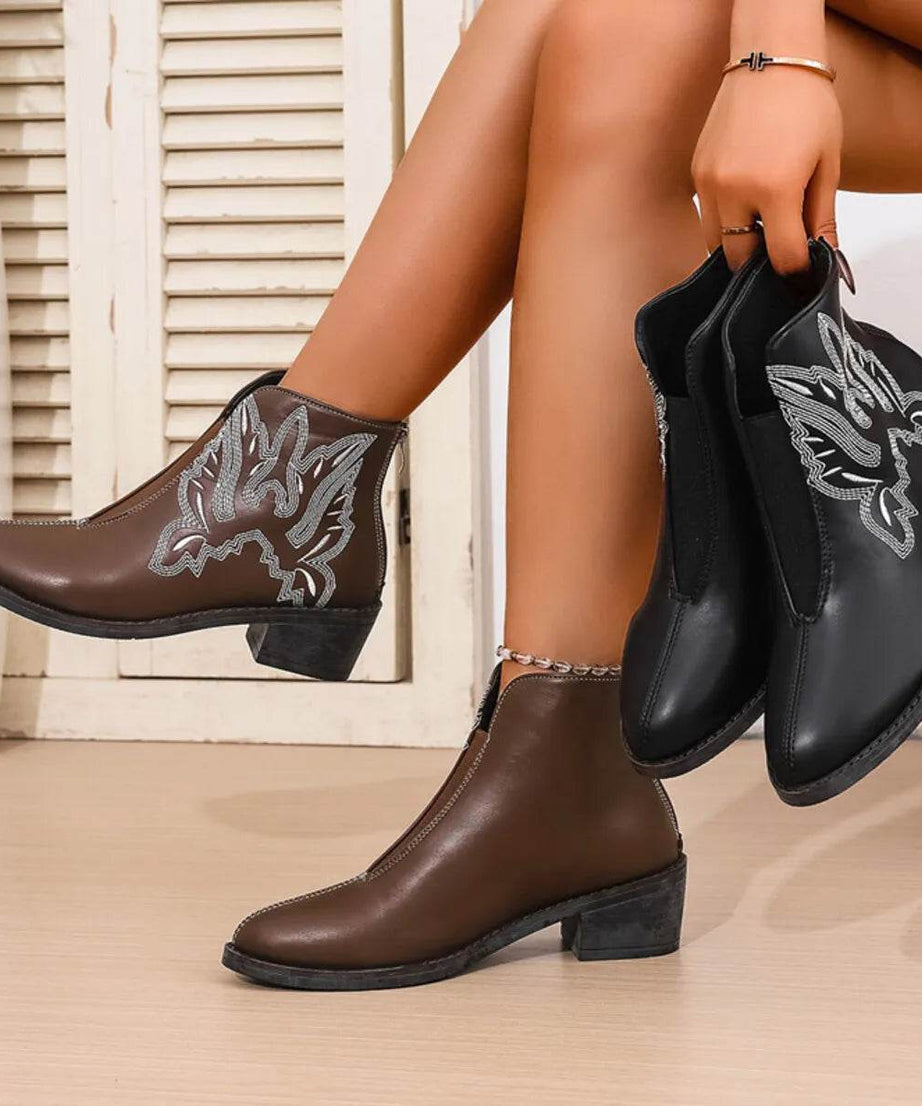 Western Embroidered Ankle Boots - ELY VESSA LLC