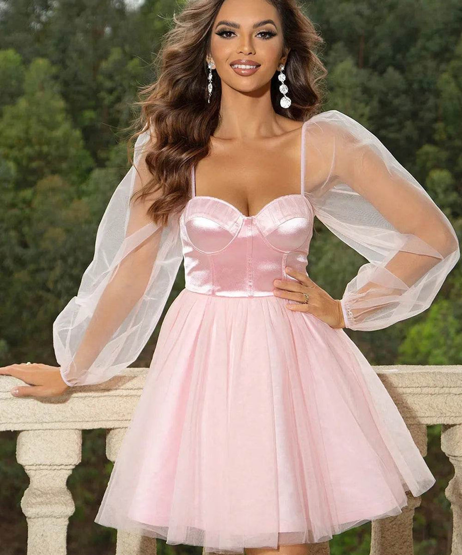 Sweetheart Neck Balloon Sleeve Mini Dress - ELY VESSA LLC