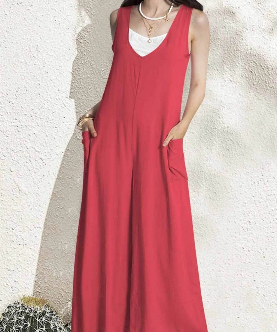 V-Neck Wide Leg Jumpsuit - ELY VESSA LLC