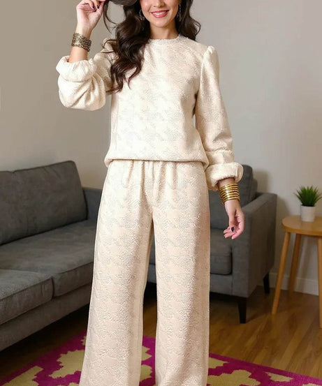 Double Take Texture Long Sleeve Top and Wide Leg Pants Set - ELY VESSA LLC