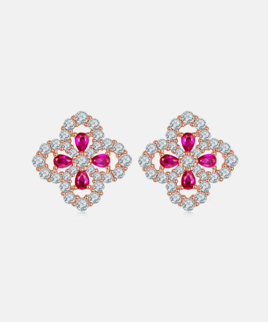 925 Sterling Silver Lab-Grown Ruby Flower Shape Stud Earrings - ELY VESSA LLC