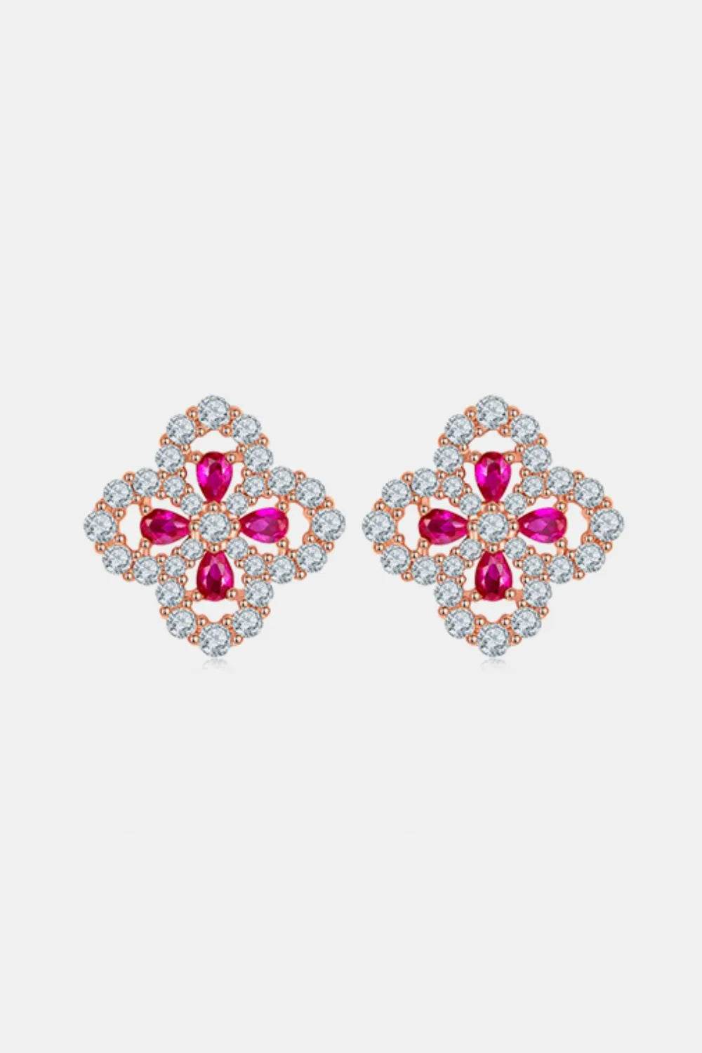 925 Sterling Silver Lab-Grown Ruby Flower Shape Stud Earrings - ELY VESSA LLC