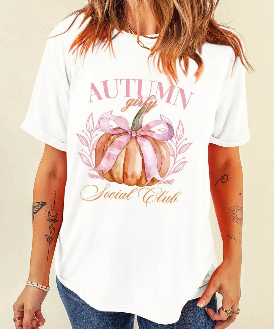 Pumpkin Graphic Round Neck Short Sleeve T-Shirt - ELY VESSA LLC